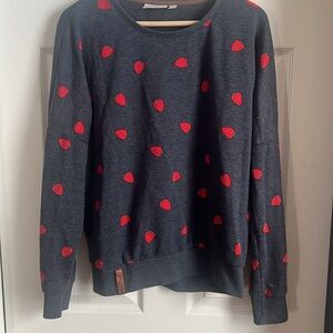 Cute naketano strawberry sweatshirt, size large, measures 22” pit to pit, navy